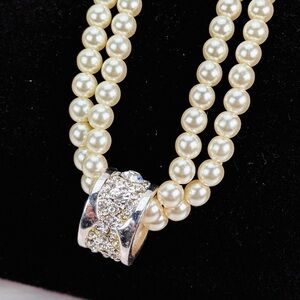 Lightweight, faux pearl double strand Silvertone bling accent costume Necklace